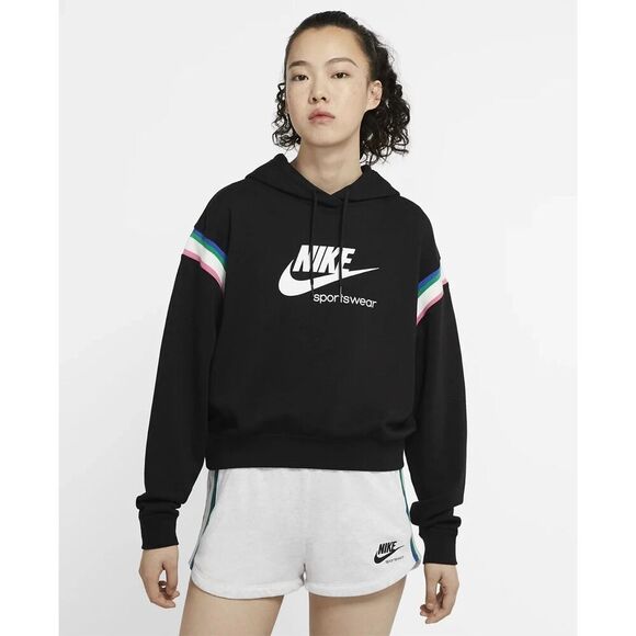 NIKE Women’s Heriatge Hoodie Small Black Cropped Pullover Sweatshirt Stripes - Picture 2 of 15